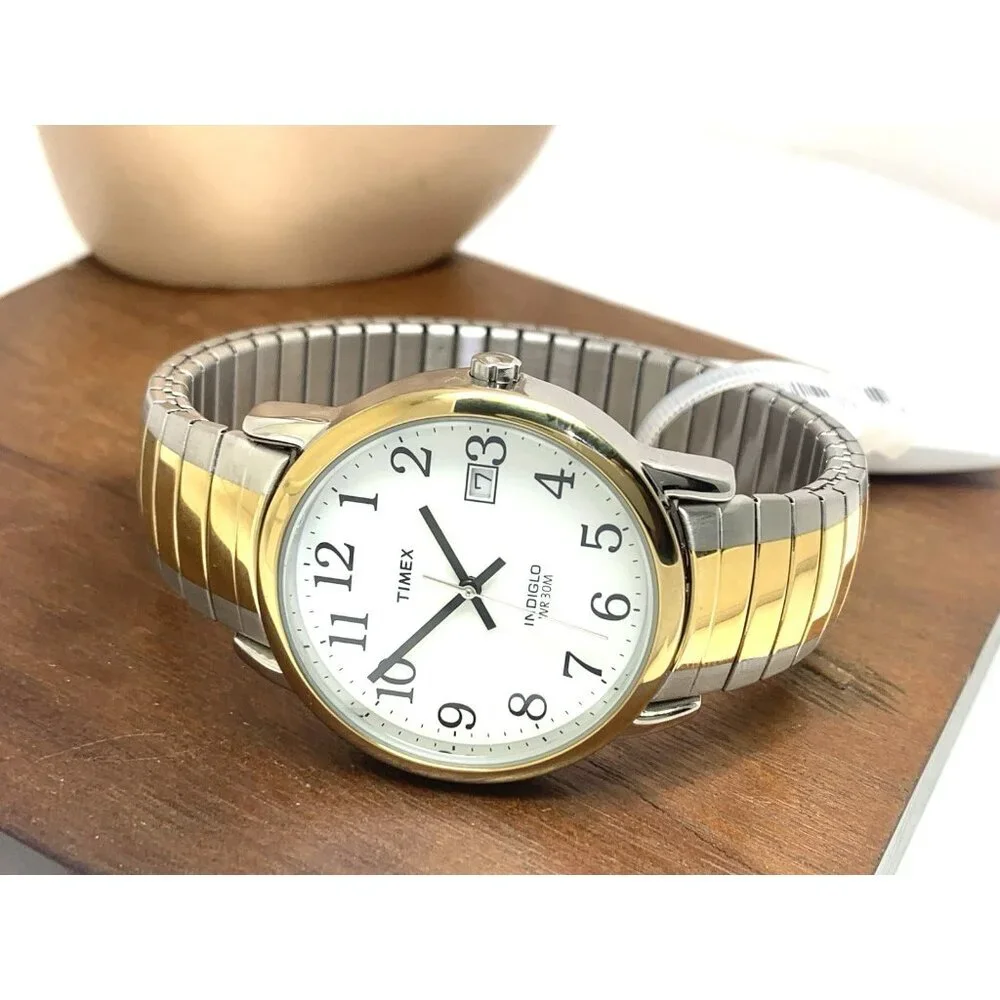 Timex Men's Watch T2H311 Indiglo White Dial Quartz Two Tone Expansion Band 35mm